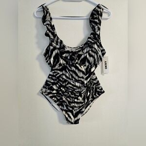 DKNY Monochrome Black White Ruffles Patterned Swimsuit Padded Wire Size L